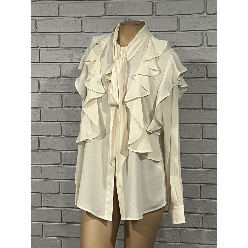 Lauren Ralph Lauren Winter Cream Ruffle Tie Neck Blouse Coquette Old Money NWT M - Picture 2 of 9
